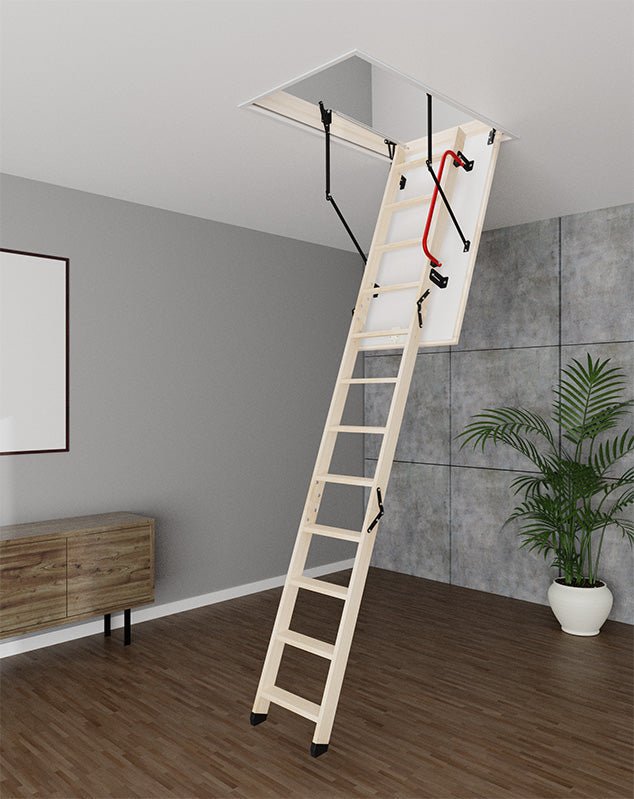 GLOB Wood Insulated Folding Attic Ladder 8 ft - 9.18 ft (Rough Opening: 22.25" x 43.75") with 352 - lb Load Capacity - Garage Rebel