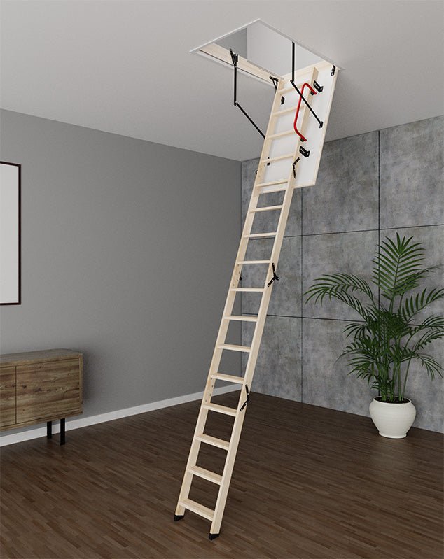 LALLE Wood Insulated Folding Attic Ladder 7 ft - 10.83 ft (Rough Opening: 22.25" x 47.75") with 352 - lb Load Capacity - Garage Rebel