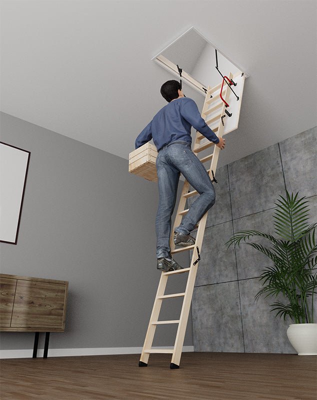 LALLE Wood Insulated Folding Attic Ladder 7 ft - 10.83 ft (Rough Opening: 22.25" x 47.75") with 352 - lb Load Capacity - Garage Rebel