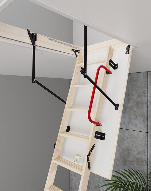 LALLE Wood Insulated Folding Attic Ladder 7 ft - 10.83 ft (Rough Opening: 22.25" x 47.75") with 352 - lb Load Capacity - Garage Rebel