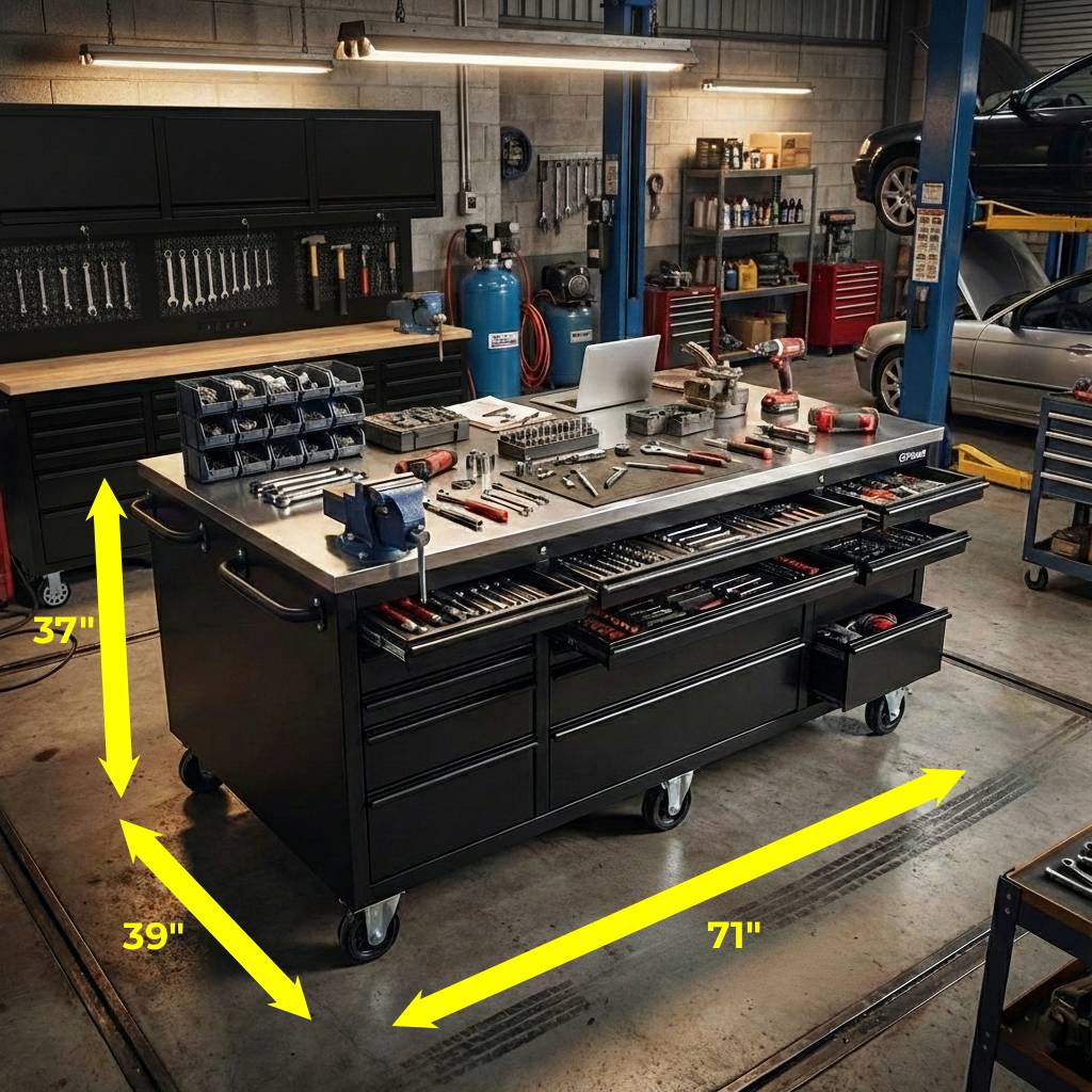 Large Steel 71" Garage Island Workbench – Stainless Steel Top - Garage Rebel