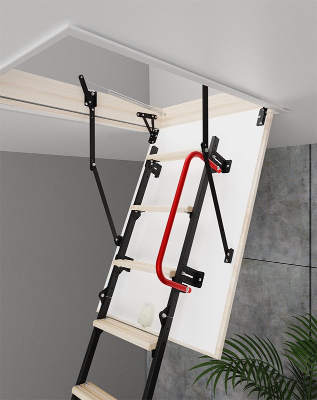 UNI Metal Insulated Folding Attic Ladder 8 ft - 8.5 ft (Rough Opening: 22.5" x 32") with 352 - lb Load Capacity - Garage Rebel