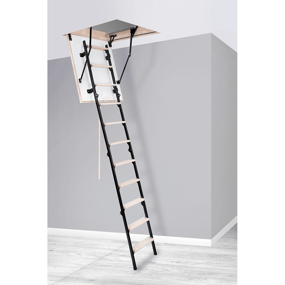 UNI Metal Insulated Folding Attic Ladder 8 ft - 8.5 ft (Rough Opening: 22.5" x 32") with 352 - lb Load Capacity - Garage Rebel