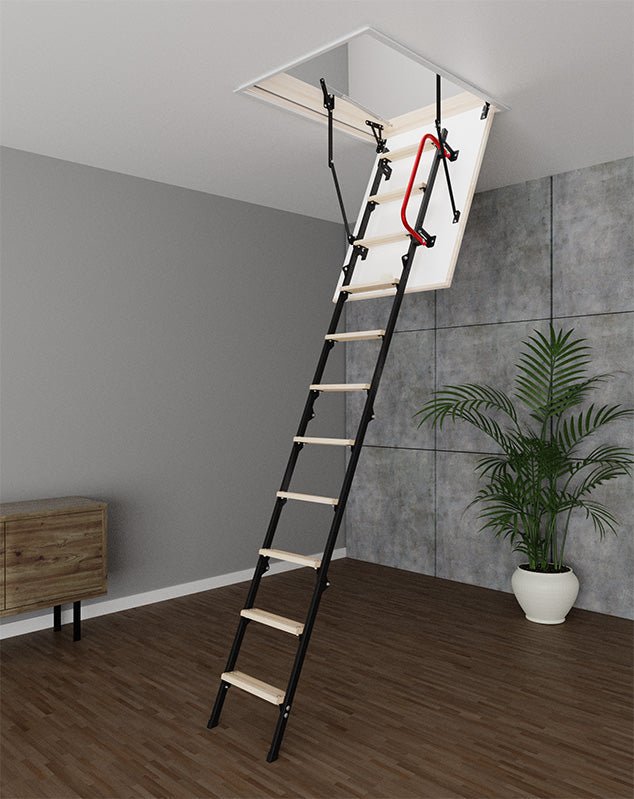 UNI Metal Insulated Folding Attic Ladder 8 ft - 8.5 ft (Rough Opening: 22.5" x 32") with 352 - lb Load Capacity - Garage Rebel